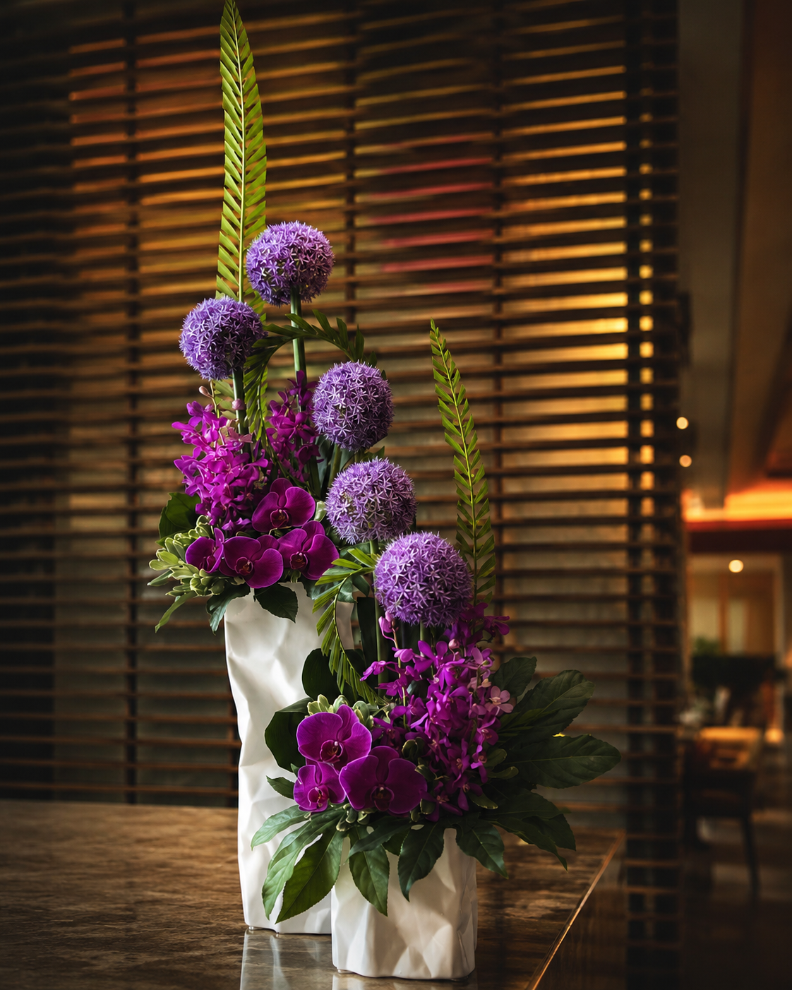 Purple orchid and allium compositions